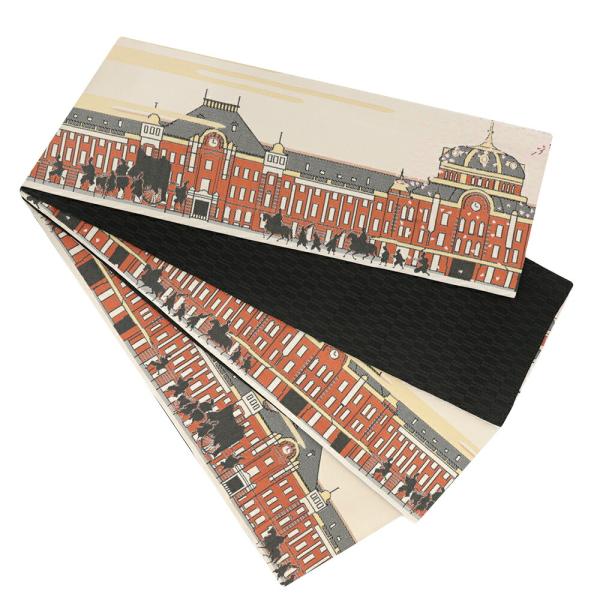 半幅帯 浴衣帯 ゆかた帯 桐生織 クリーム色 東京駅 花 桜 エ霞 花びら 明治 昭和 馬 馬車 人...