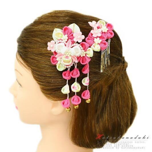 七五三 髪飾り 三歳 七歳 日本髪 つまみ細工 花 2点セット ピンク 白 グラデーションカラー ち...