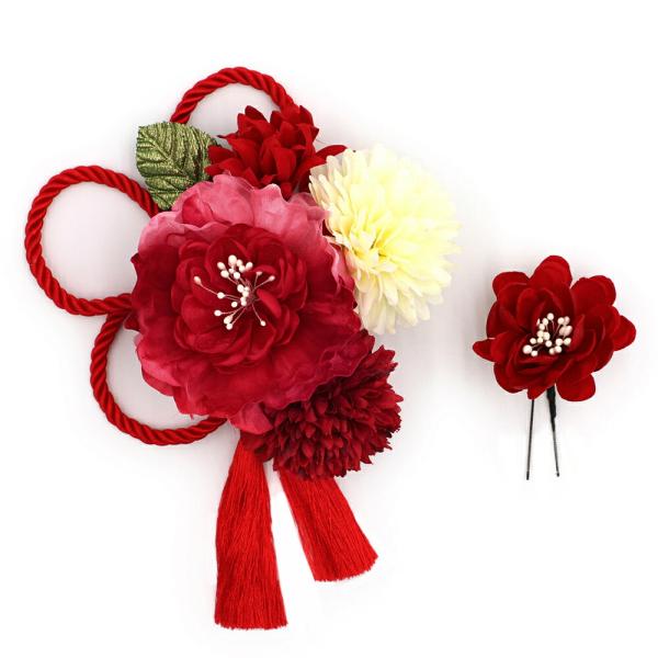 髪飾り 成人式 振袖 袴 2点セット 花 赤 ピンク 白 緑 ゴールド 房 組紐 レース 花ごころ ...
