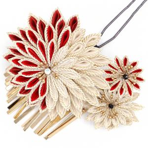 髪飾り 成人式 つまみ細工 振袖 袴 一本差し 赤 白 ゴールド 黒 オフホワイト ホワイトオパール ちりめん 剣つまみ ビラ簪 和柄 No.12-0994