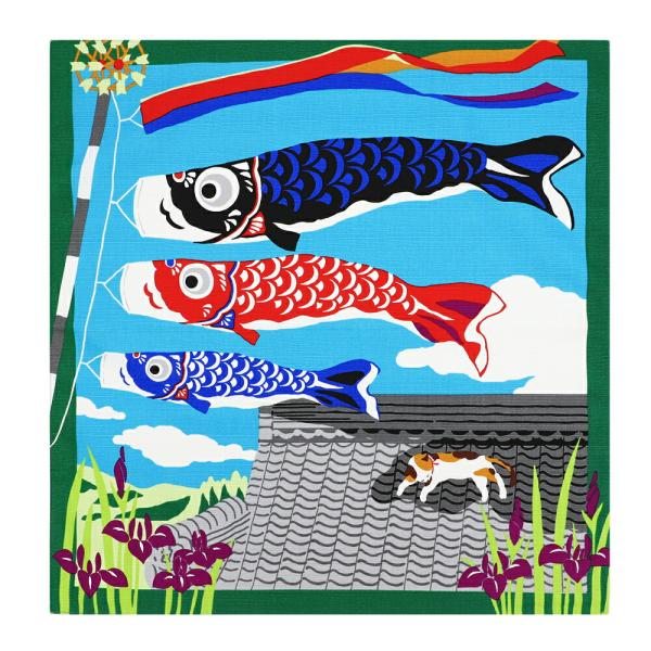 風呂敷 日本製 50cm幅 中巾 三毛猫みけの夢日記 みけと鯉のぼり 5月 コイ 鯉 魚 屋根 雲 ...