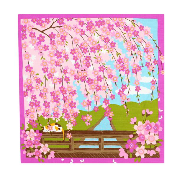 風呂敷 日本製 50cm幅 中巾 三毛猫みけの夢日記 みけのお花見 4月 桜 しだれ桜 お花見 川 ...