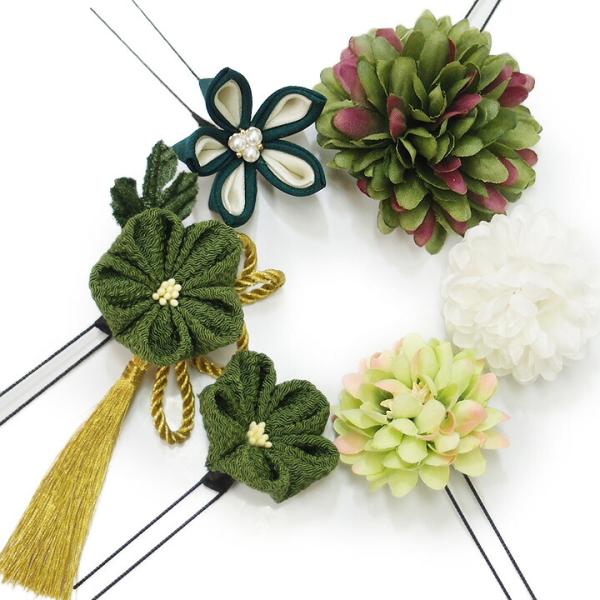 髪飾り 成人式 つまみ細工 振袖 袴 浴衣 夏祭り 花火大会 6点セット 緑 グリーン系 ちりめん ...