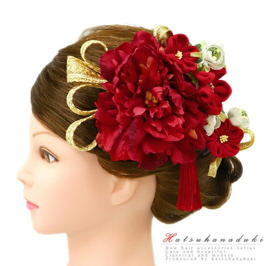 髪飾り 成人式 つまみ細工 赤 振袖 袴 花 2点セット 白 ゴールド ちりめん 房付き りぼん リ...