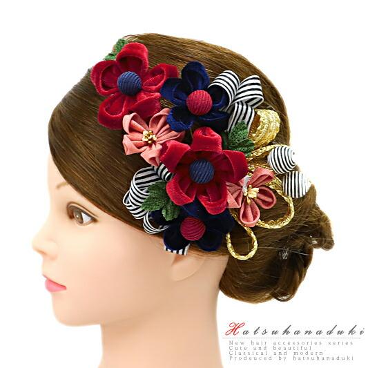 髪飾り 成人式 つまみ細工 赤 振袖 袴 花 ドレス 2点セット ワインレッド 紺 ゴールド 白 サ...