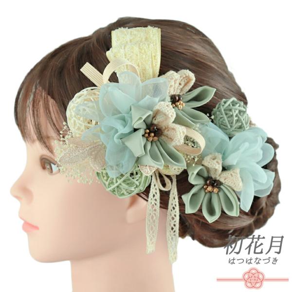 髪飾り 成人式 つまみ細工 振袖 袴 リボン 花 3点セット 緑 黄緑 白 クリーム色 ゴールド 玉...
