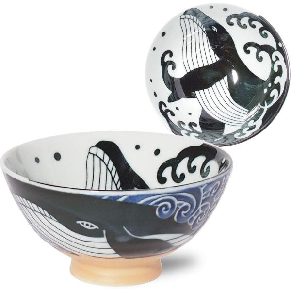 みのる陶器 飯碗 白波くじら 青 中 茶碗 単品