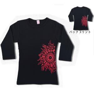 フラダンス 7分袖 Tシャツ レフア ブラック−レッド ハワイアン
