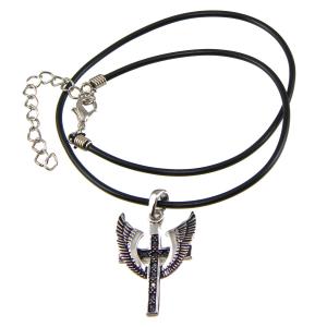 レザーチョーカー・フェザー＆クロス/ロック　ゴスロリ/可