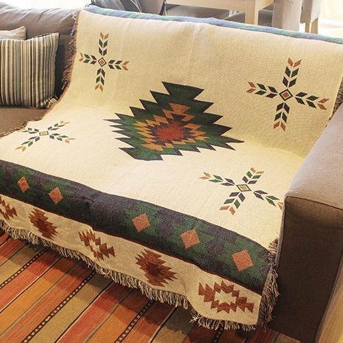 ブランケット ラグマット 緑×マスタード オルテガ キリム 民族柄カバー  130×160cmcm