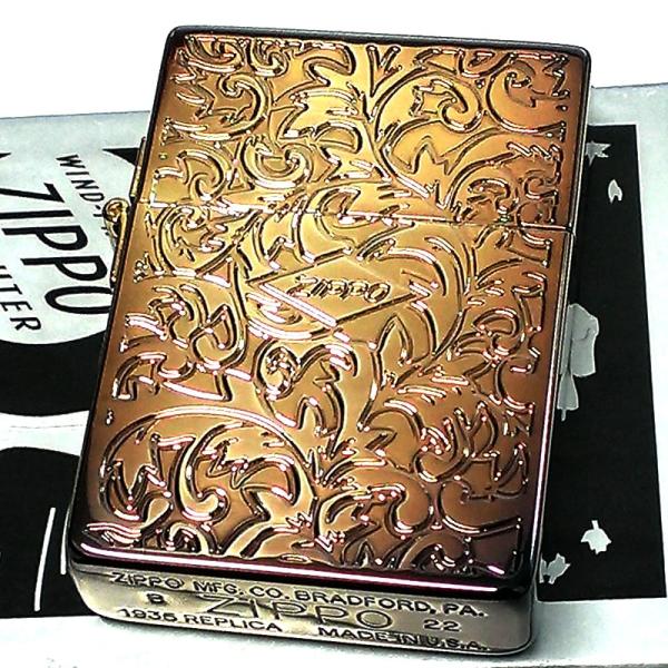 ZIPPO ライター ジッポ 1935 復刻レプリカ ゴールド ブラス燻し アラベスク 両面加工 3...