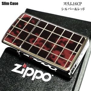 ZIPPO スリム ジッポ ライター シルバー＆レッド チェック マーブル柄 かっこいい おしゃれ ...