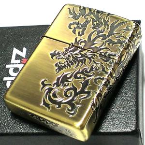 ZIPPO ライター ドラゴン 3面連続彫刻加工 ジッポ 龍 アンティークブラス 燻し仕上げ 竜 ゴールド メンズ おしゃれ かっこいい ギフト