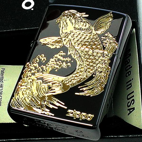 ZIPPO ライター 和柄 昇鯉 ブラックニッケル 金差し ジッポ ロゴ 御守り 彫刻 ゴールド か...