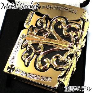 ZIPPO ライター メタルジャケット 超重厚 クロス ゴールド 金タンク 大型3面メタル ジッポ 5面加工 彫刻デザイン メンズ 高級 ギフト｜Zippoタバコケース喫煙具のハヤミ