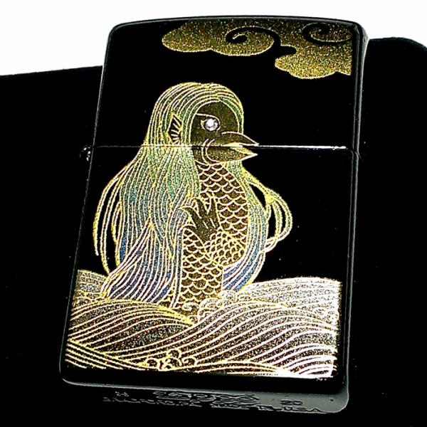 ZIPPO ライター 本金蒔絵 アマビエ 伝統工芸 ジッポ スワロフスキー 漆塗り 黒 かっこいい ...