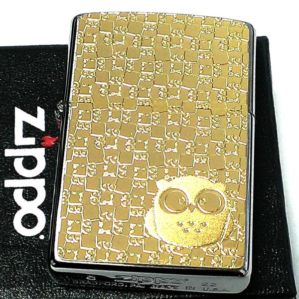 ZIPPO フクロウ かわいい ジッポ ライター ゴールド 梟 ふくろう メタルプレート お守り 可...