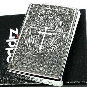 ZIPPO クロス エンジェル ジッポライター 十字架 グレー ロゴ おしゃれ 天使の羽 かっこいい 両面柄違い加工 細密メタル おしゃれ ギフト｜Zippoタバコケース喫煙具のハヤミ