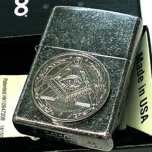 ZIPPO ライター フリーメイソン メダル かっこいい アンティークシルバー 古銭 ジッポ おしゃれ ニッケルバレル仕上げ 渋い メンズ
