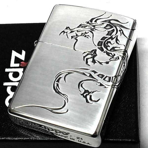 ZIPPO ライター ドラゴンタトゥー ジッポ 龍 シルバー トライバル ２面彫刻 銀燻し仕上げ 竜...