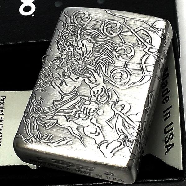 ZIPPO 和柄 風神雷神 ジッポ ライター アンティークニッケル 4面連続加工 かっこいい 彫刻 ...