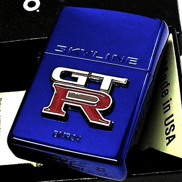 ZIPPO ライター スカイライン GT-R R34 リアルエンブレム 車 イオンブルー ロゴ ジッ...