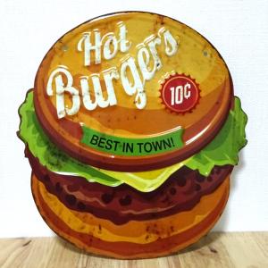 ブリキ看板 ビンテージ Hot Burgers ハンバーガー アンティーク ガレージ プレート 壁飾り アメリカン 雑貨 インテリア｜hayamipro