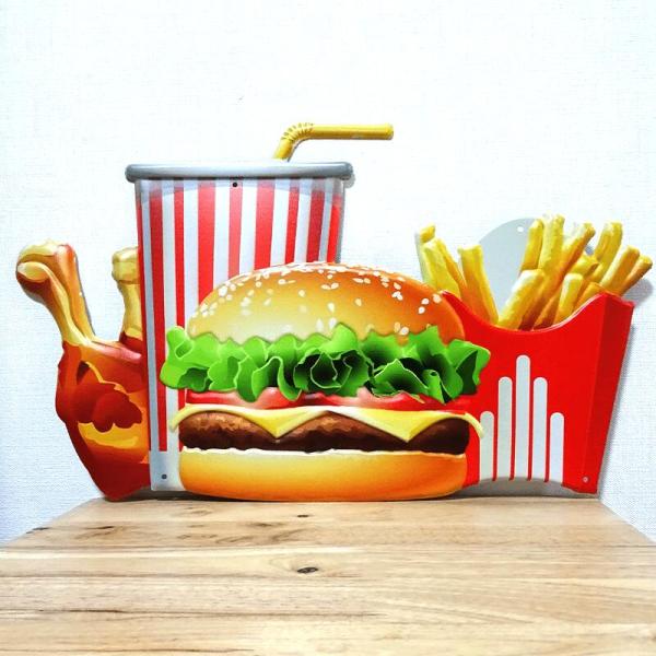 ブリキ看板 大きい ハンバーガー ポテト アンティーク フライドチキン 大型 エンボスプレート Ha...