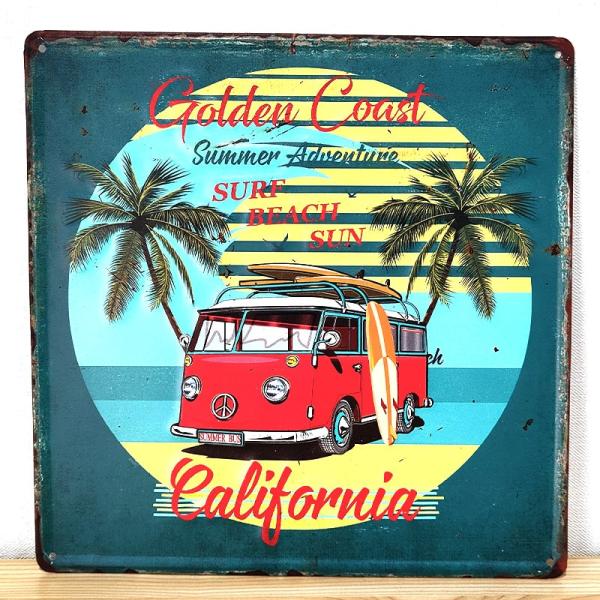 ブリキ看板 サーフワゴン エンボスプレート おしゃれ レトロ ビーチ ガレージ 壁飾り ハワイアン ...