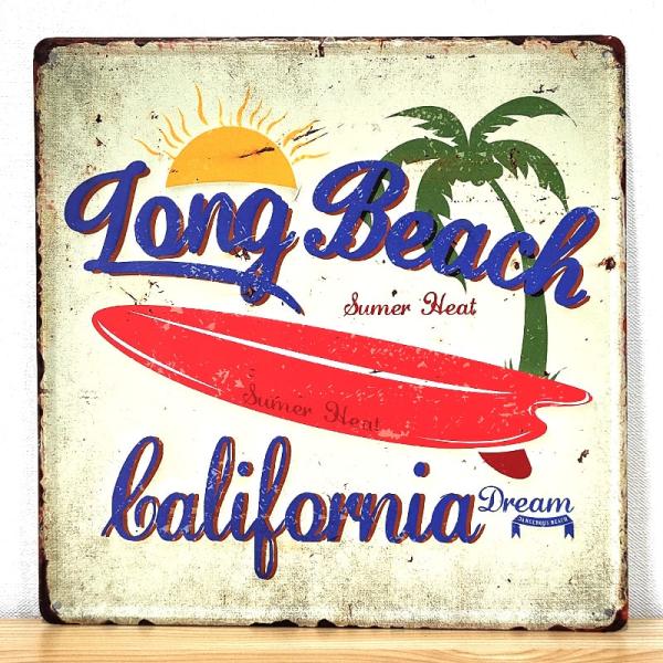 ブリキ看板 可愛い ビーチ レトロ エンボスプレート Long Beach California ア...