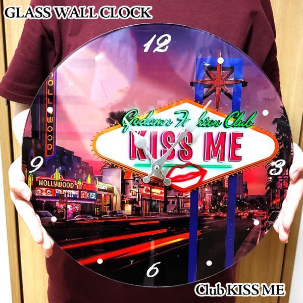 掛時計 アメリカン ガラス ウォールクロック Club KISS ME おしゃれ 標識 ネオン レト...