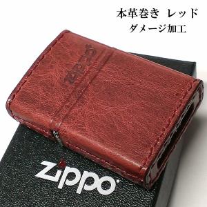 ZIPPO 本革巻き ジッポ ライター ダメージ加工 レッド 牛革