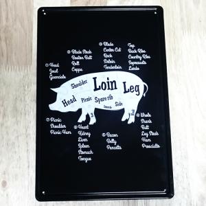 アンティーク看板　木製豚の壁掛け装飾 Butcher Shop 精肉店 アメリカン レトロ ブリキ看板 ビンテージ CUTS PORK 豚肉 ポーク 部位