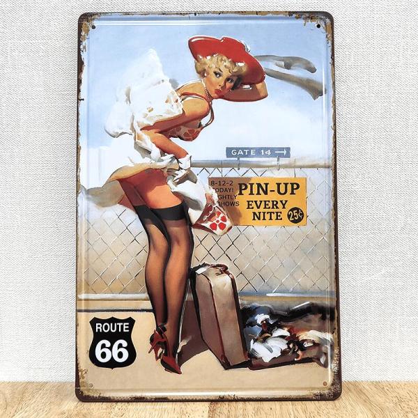 ブリキ看板 可愛い PIN-UP Route 66 セクシー ビンテージ アンティーク ガレージ か...