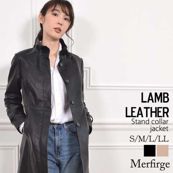 スタンドカラーコート 本革 ラム レザー   本皮 ライダース ミドル丈 シングル スタンド アウタ...