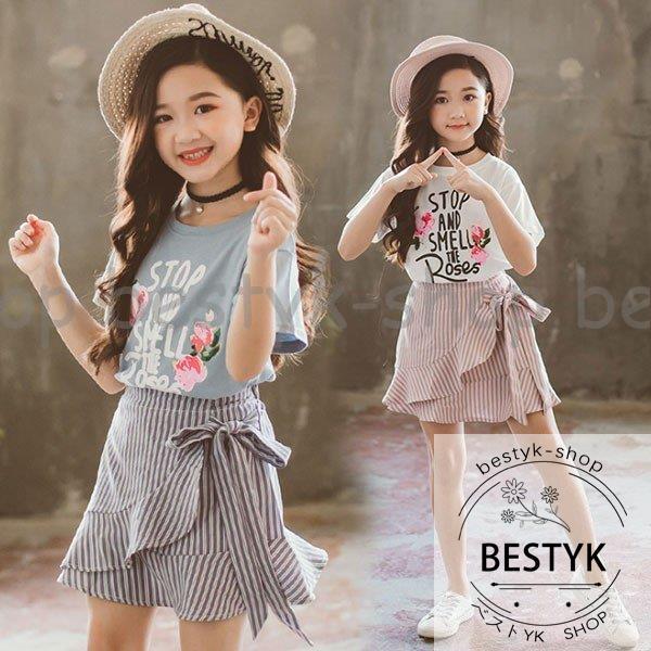 韓国子供服女の子 Tシャツ ラップスカート 上下セット ストライプ 夏服 涼しい 子供服 オシャ ス...