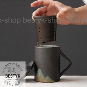 マグカップ　ダブルウォールマグ　お茶　茶こし付き　蓋付き　持ち運びに便利　陶器陶製　電子レンジ可｜haze-grass