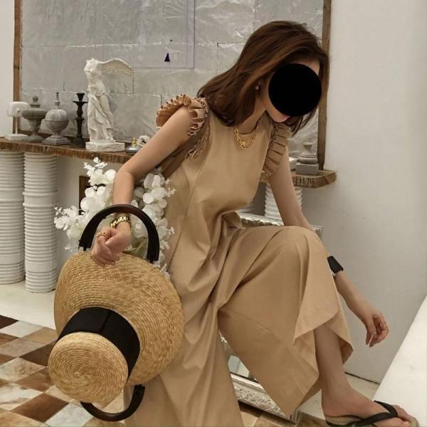 レディースオールインワンフリル袖ラウンドネック9分丈袖なしパンツベージュ ブラックワイドパンツ