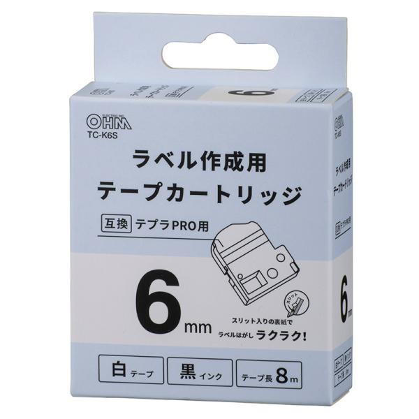 オーム電機 テプラ互換ラベル 白テープ 黒文字 幅6mm01-3801 TC-K6S[OAサプライ:...