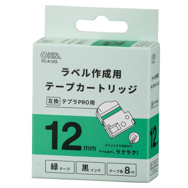 オーム電機 テプラ互換ラベル 緑テープ 黒文字 幅12mm01-3821 TC-K12G[OAサプラ...