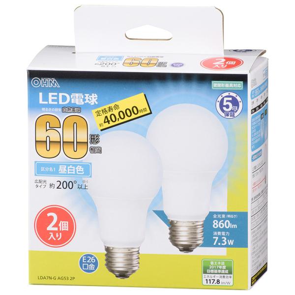 オーム電機 LED電球 E26 60形相当 広配光 昼白色 2個入06-3300 LDA7N-G A...