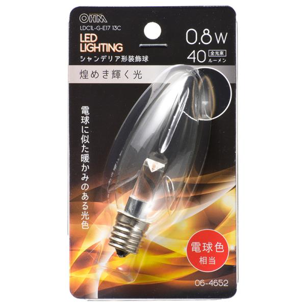 オーム電機 LEDシャンデリア形装飾用/C32/E17/0.8W/40lm/クリア電球色06-465...