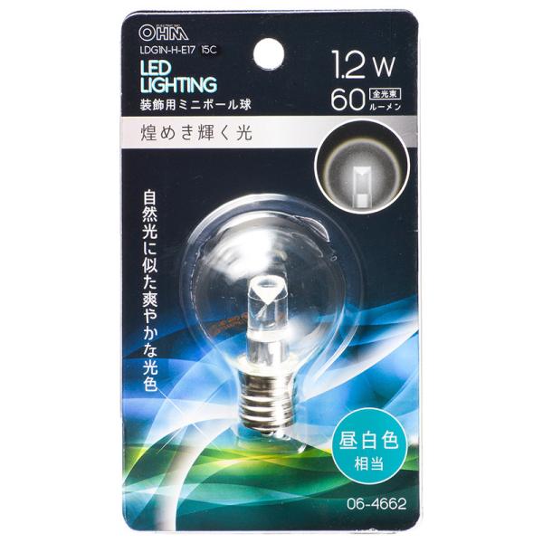 オーム電機 LEDミニボール球装飾用 G40/E17/1.2W/60lm/クリア昼白色06-4662...