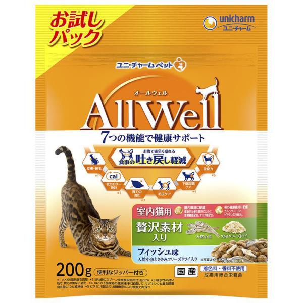 ユニチャーム 猫 ドライ ＡｌｌＷｅｌｌ室内猫用贅沢素材入りフィッシュ味天然小魚とささみフリーズドラ...