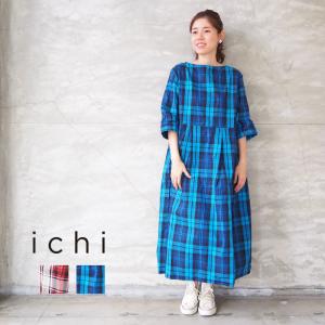 ワンピース Ichi イチ ロングワンピース レディース 卓出 タータンチェック 夏 半袖ワンピース 半袖 ロング 春夏 0111