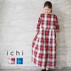ワンピース Ichi イチ ロングワンピース レディース 卓出 タータンチェック 夏 半袖ワンピース 半袖 ロング 春夏 0111