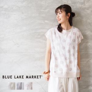 ブルーレイクマーケット Tシャツ レディース BLUE LAKE MARKET 水玉プリント 異素材袖リブ プルオーバー B-420018 半袖Tシャツ プリントTシャツ｜headfoot