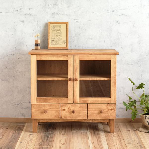 ローキャビネット 扉タイプ｜キャビネット 開き戸 パイン ガラス扉 無垢材 収納 リビングボード 食...