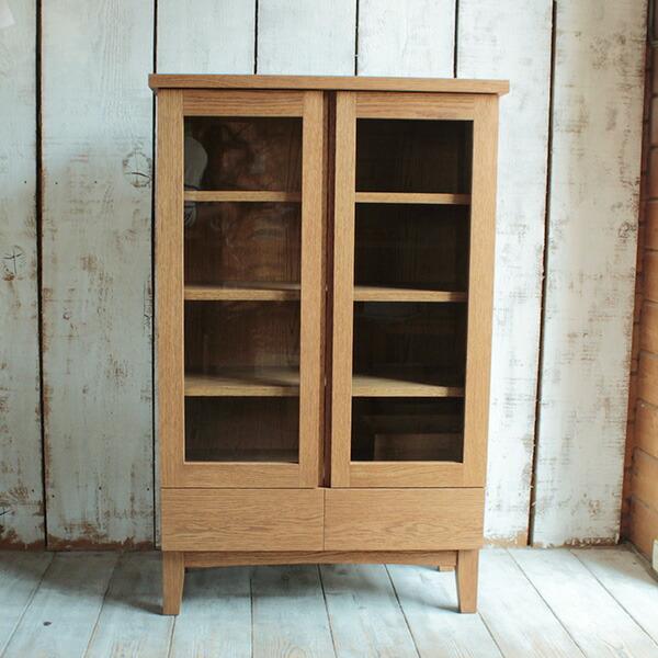 キャビネット ガラス扉｜タモ材 幅80cm 北欧 ナチュラル 木製 無垢材 リビング収納 食器棚 収...