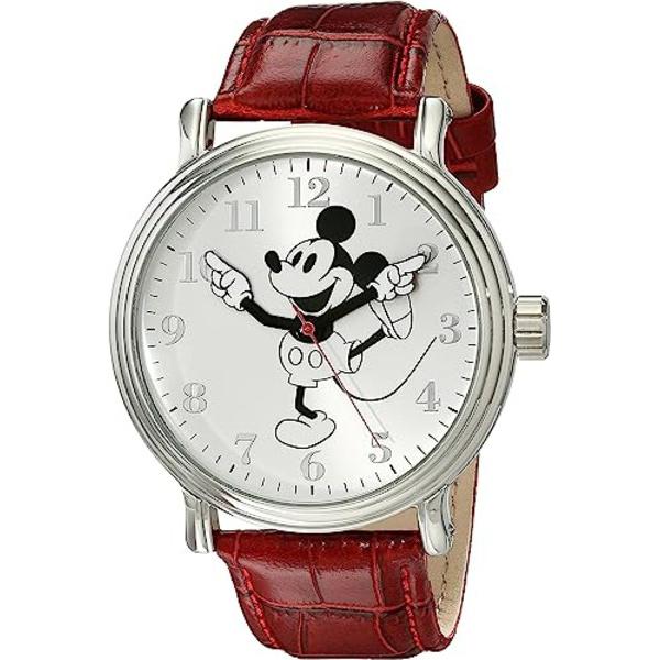 Disney ディズニー　ミッキー・マウス腕時計　（シルバー）　ダークレッド・レザーバンド　Adul...